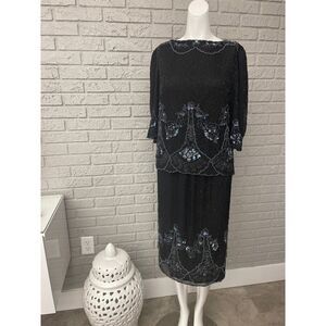 Oleg Cassini Women Elegant Silk Beaded Blouse / Skirt 2 Pcs Set Size 6